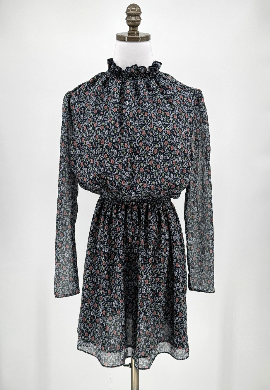 The East Order Cara Black Floral Ruffle Neck Long Sleeve Mini Dress Sz S